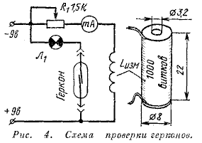 Схема проверки герконов и конструкция измерительной катушки.